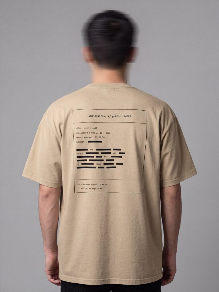 Model wearing the manila user : null artefact tee, seen from behind with the head blurred by long exposure, showing the redacted file cover print