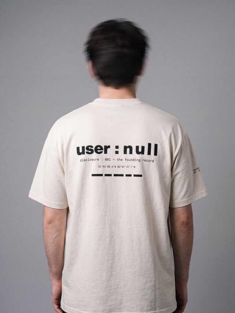 Model wearing the bone user : null heavyweight tee, seen from behind with the head blurred by long exposure, showing the user : null record lockup print