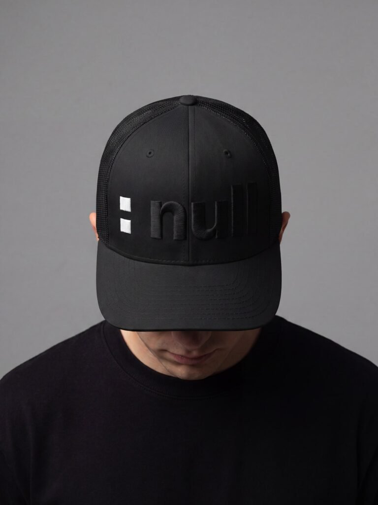 Model wearing the black flex cap with the head tilted down so the peak conceals the face, showing the white embroidered colon and the word null raised in tonal black puff stitching