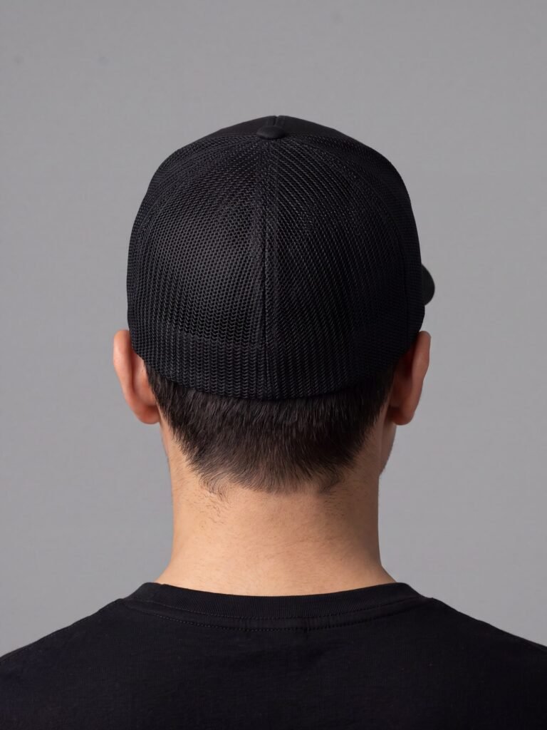 Model wearing the black flex cap seen from behind, showing the closed mesh back of the fitted cap