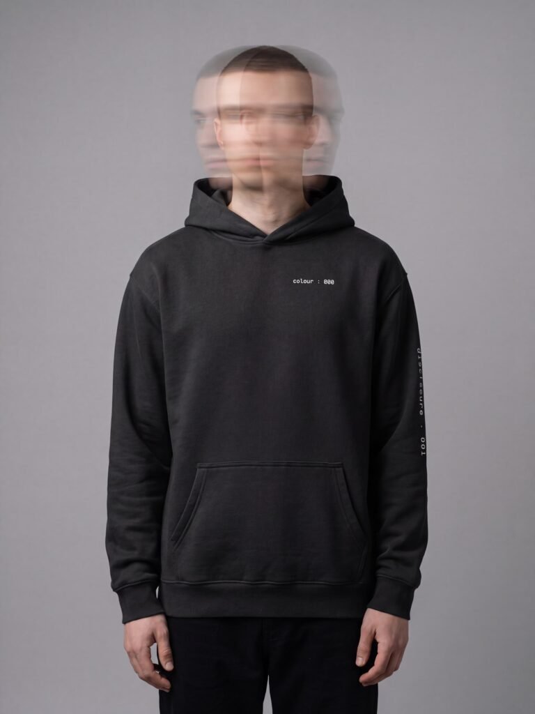 Model wearing the black user : null oversized hoodie, front view, showing the small colour : 000 print on the left chest