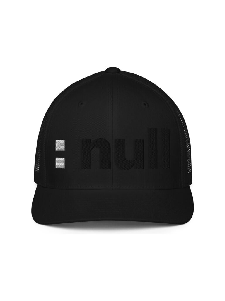 Flat front view of the black flex cap showing the white colon and tonal black null embroidery