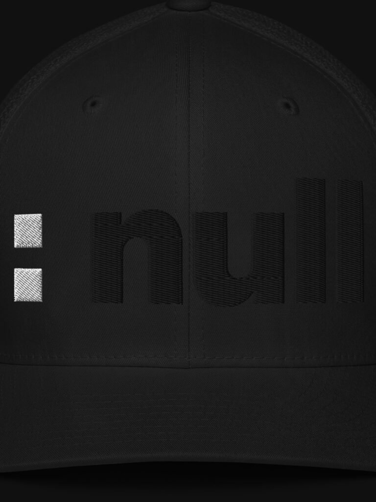 Close detail of the cap embroidery: the colon in white thread, the word null raised in tonal black puff stitching