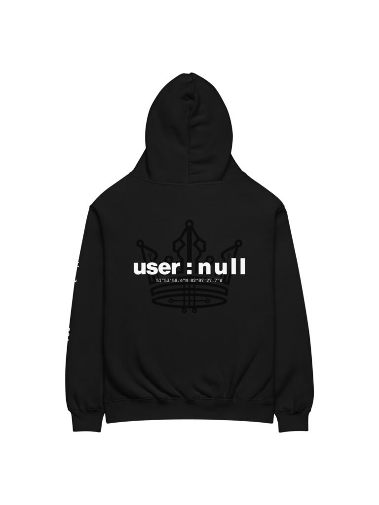 Flat back view of the black user : null oversized hoodie showing the circuit crown and user : null print with coordinates