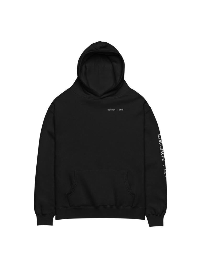 Flat front view of the black user : null oversized hoodie showing the small colour : 000 chest print
