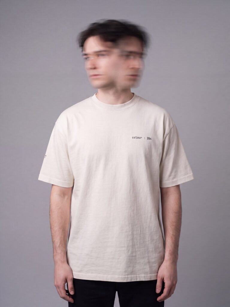Model wearing the bone user : null heavyweight tee, front view, showing the small colour : 204 print on the left chest