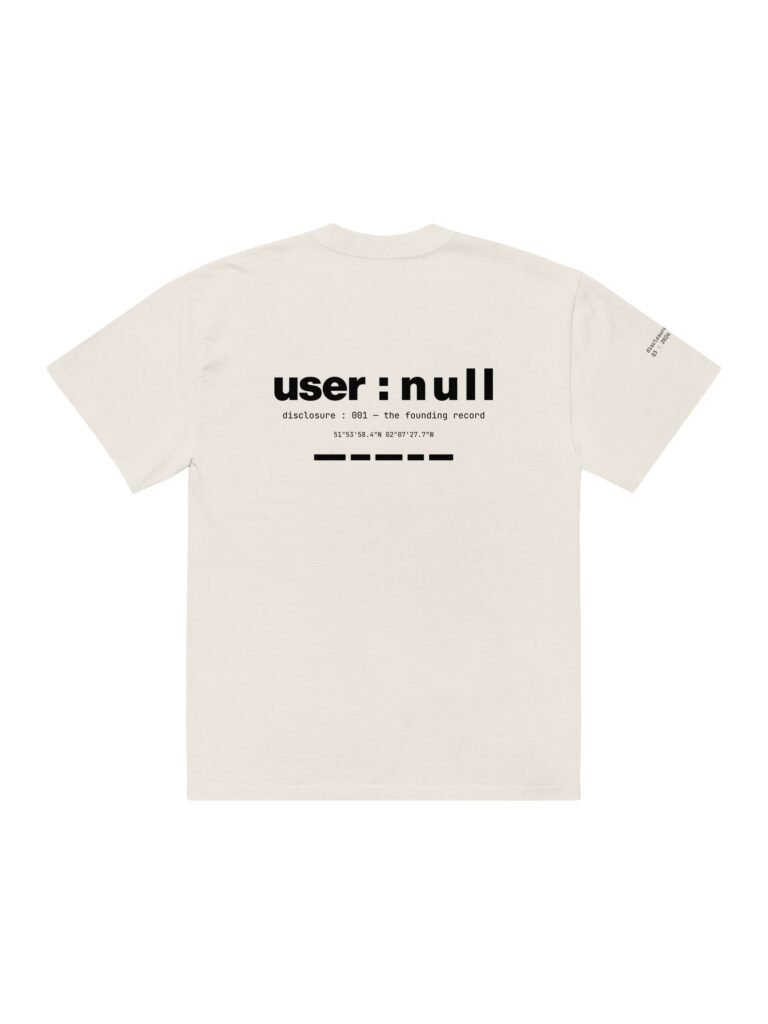 Flat back view of the bone user : null heavyweight tee showing the record lockup print with coordinates