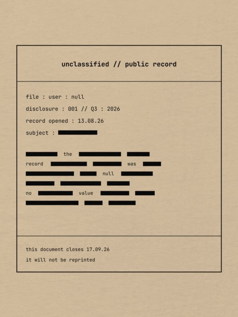Close detail of the file cover reading this document closes 17.09.26, it will not be reprinted