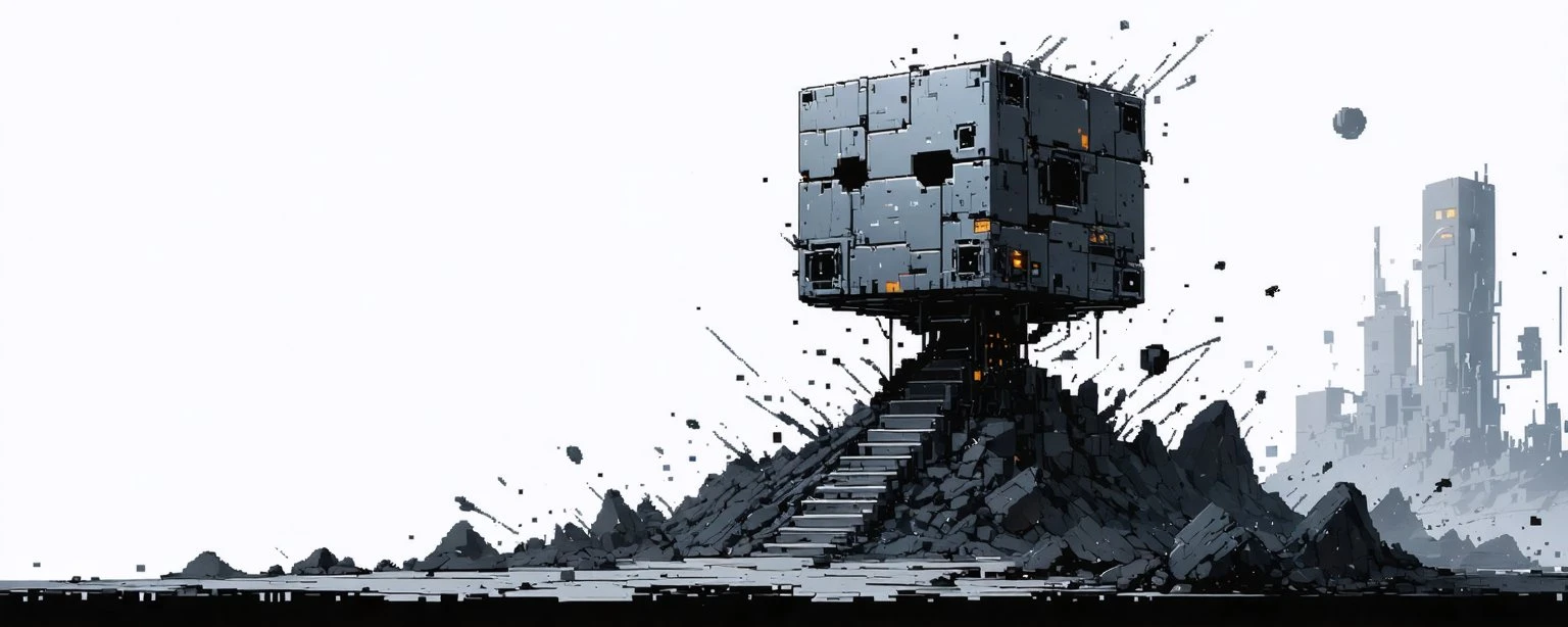 Illustration of a floating armoured cube atop a staircase of broken rock