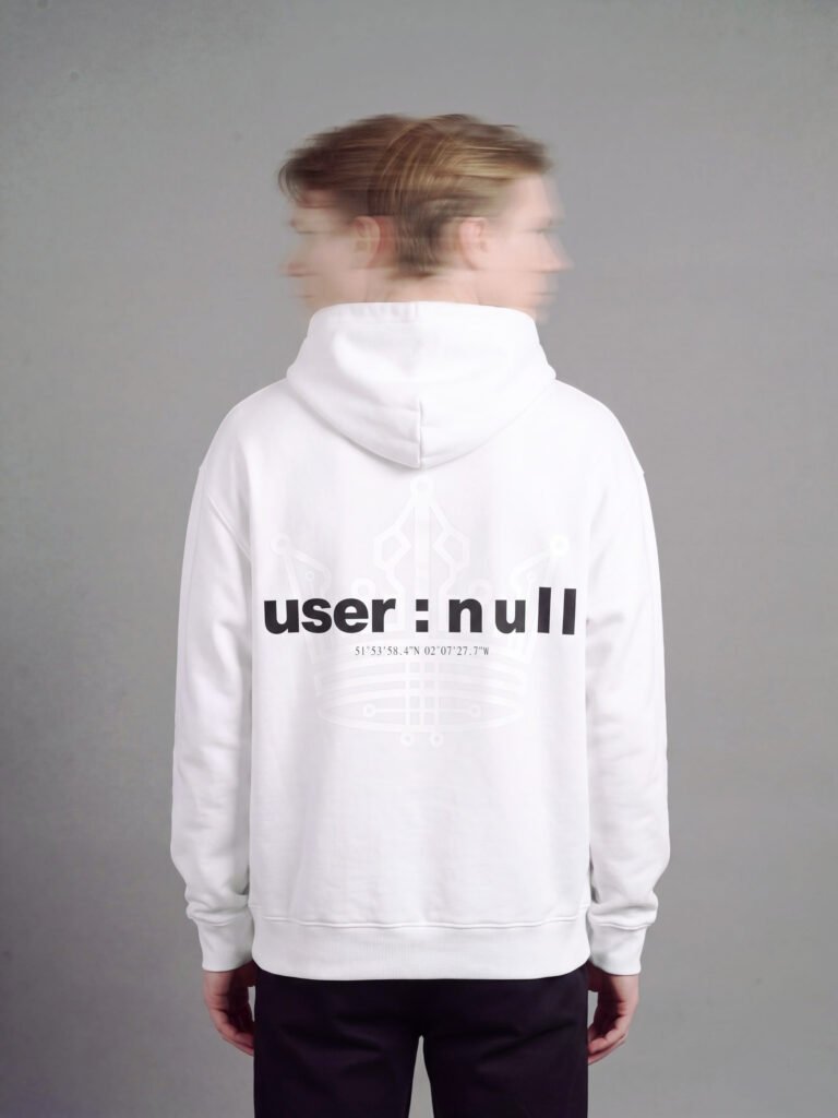 user : null oversized hoodie 404 — worn, back view, user : null lockup